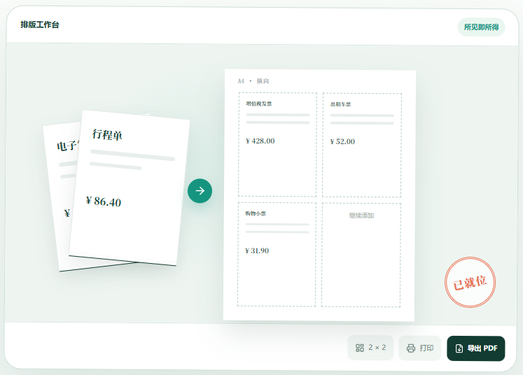 票图工具箱排版工作台,发票 A4 排版所见即所得